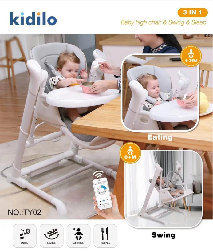 : Kidilo TY-02 Rocking High Chair – 2-in-1 Swing & Feeding Chair with Cry Sensor, Bluetooth Music, Double Tray & Double Cushion, Foldable with Wheels, 6 Months to 4 Years – Original German Brand